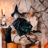 Maxbell Halloween Hanging Witch on Broom Tree Prop Party Bar Flying Witch Wall Decor Green