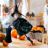 Maxbell Halloween Hanging Witch on Broom Tree Prop Party Bar Flying Witch Wall Decor Green