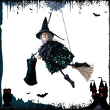 Maxbell Halloween Hanging Witch on Broom Tree Prop Party Bar Flying Witch Wall Decor Green
