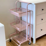 Maxbell 3 Tier Rolling Utility Cart Mobile Trolley for Laundry Room Farmhouse Office Pink