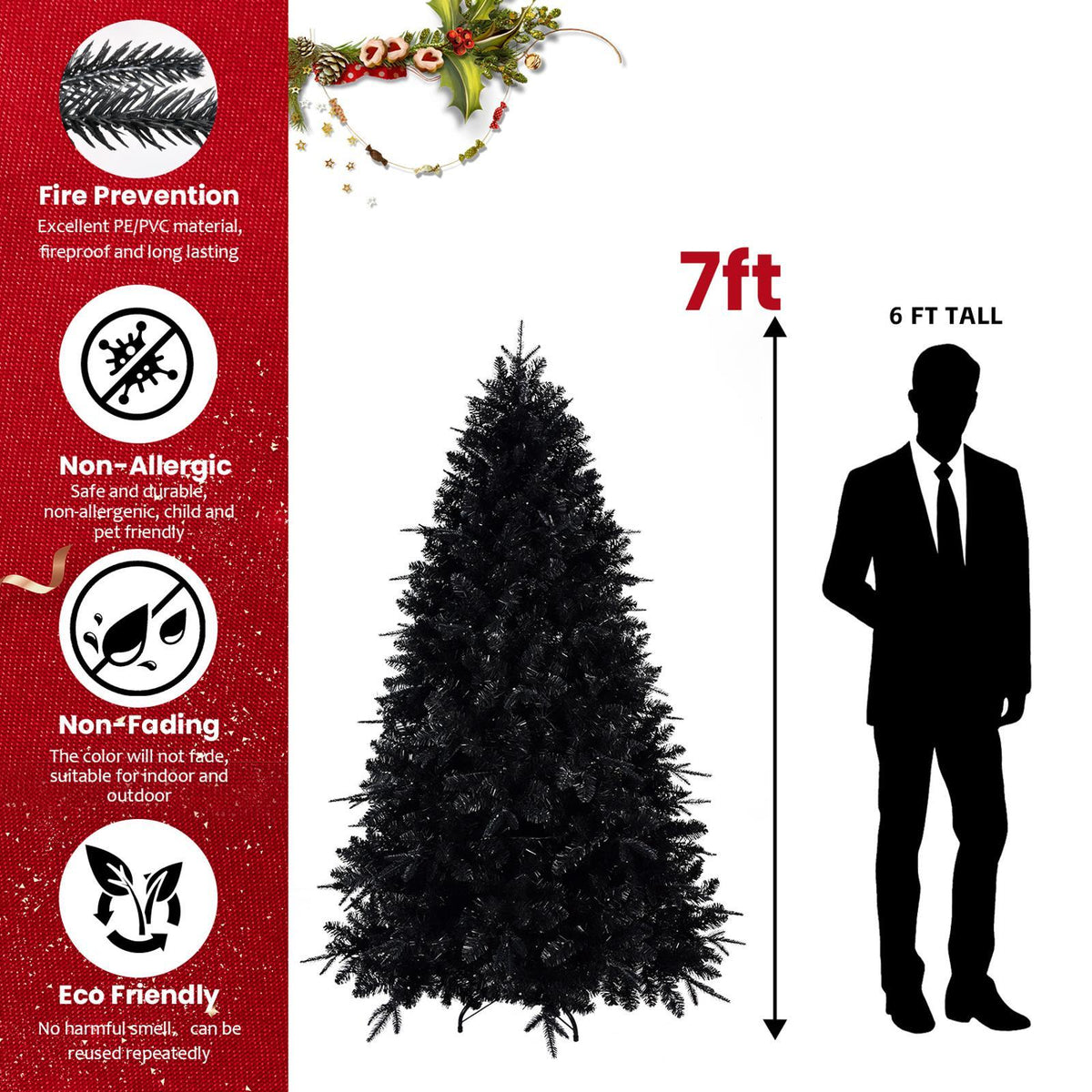 7ft Black Christmas Tree with 450 White LED Lights, 1916 Tips +PVC