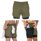 Maxbell Maxbell Men 2 in 1 Running Shorts Built In Base Layer Pants Pocket Army Green XL
