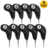 Maxbell 9 Pcs Set Golf Iron Head Covers Headcovers W/ No.Tag 3,4,5,6,7,8,9,S,P Black - Aladdin Shoppers