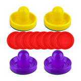 Maxbell 4 Air Hockey Pushers and 8 Pucks 2.5 inch Pucks for Family Game Tables Party Yellow and Violet