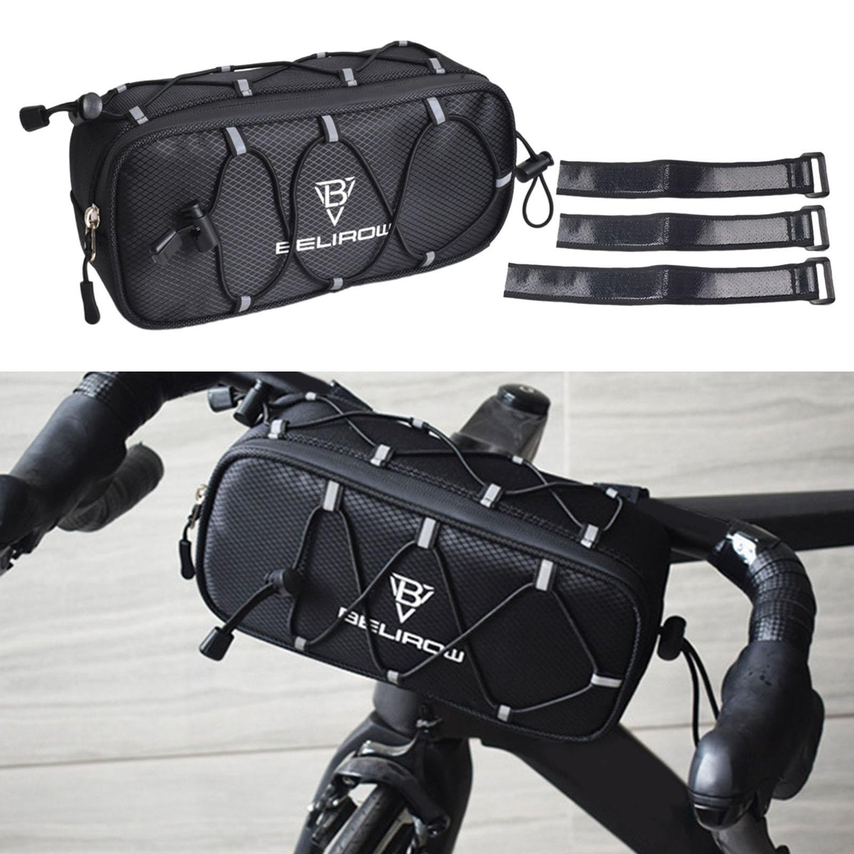 Maxbell Bike Handlebar Bag Reflective with Elastic Cord Pouch Bicycle Handle Bar Bag Black 2.1L