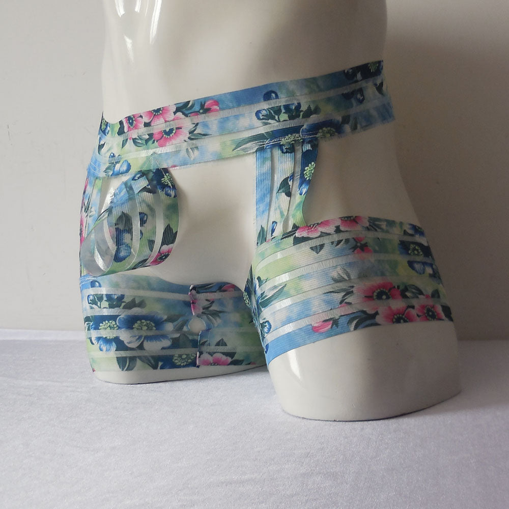 Maxbell Maxbell Mens Elastic Underwear See Through Boxers Trunks Light Blue Floral