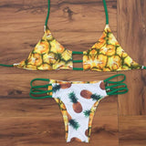 Maxbell Maxbell Sexy Halter Pineapple Print Self Tie Padded Bikini Set for Women White L