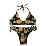 Maxbell Maxbell Sexy Halter Hollow Out Pineapple Print Padded Bikini Set for Women Black L