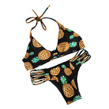 Maxbell Maxbell Sexy Halter Hollow Out Pineapple Print Padded Bikini Set for Women Black L