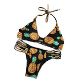 Maxbell Maxbell Sexy Halter Hollow Out Pineapple Print Padded Bikini Set for Women Black L