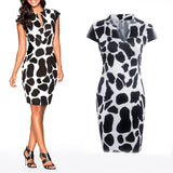 Maxbell Maxbell Sexy Women V Neck PU Splicing Short Sleeves Stone Grain Print Mini Dress XL