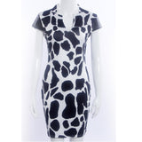 Maxbell Maxbell Sexy Women V Neck PU Splicing Short Sleeves Stone Grain Print Mini Dress XL