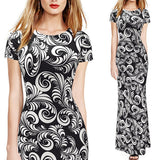 Maxbell Maxbell Women Sexy Black and White Printing Bodycon Boho Maxi Long Beach Sundress M