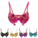 Maxbell Maxbell Belly Dance Beaded Bra Sequins Top Sexy Dancing Singer Costume Tassels Blue