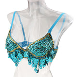 Maxbell Maxbell Belly Dance Beaded Bra Sequins Top Sexy Dancing Singer Costume Tassels Blue