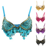 Maxbell Maxbell Belly Dance Beaded Bra Sequins Top Sexy Dancing Singer Costume Tassels Blue