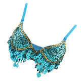 Maxbell Maxbell Belly Dance Beaded Bra Sequins Top Sexy Dancing Singer Costume Tassels Blue