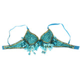 Maxbell Maxbell Belly Dance Beaded Bra Sequins Top Sexy Dancing Singer Costume Tassels Blue