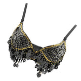 Maxbell Maxbell Belly Dance Beaded Bra Sequins Top Sexy Dancing Singer Costume Tassels Black