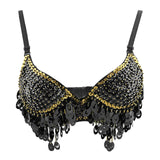 Maxbell Maxbell Belly Dance Beaded Bra Sequins Top Sexy Dancing Singer Costume Tassels Black
