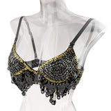 Maxbell Maxbell Belly Dance Beaded Bra Sequins Top Sexy Dancing Singer Costume Tassels Black