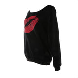 Maxbell Maxbell Women Sweatshirts Off Shoulder Sexy Long-Sleeved Tops S Black Red Lips