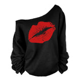 Maxbell Maxbell Women Sweatshirts Off Shoulder Sexy Long-Sleeved Tops S Black Red Lips