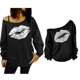 Maxbell Maxbell Women Sweatshirts Off Shoulder Sexy Long-Sleeved Tops L Black White Lips