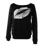 Maxbell Women Sweatshirts Off Shoulder Sexy Long-Sleeved Tops L Black White Lips