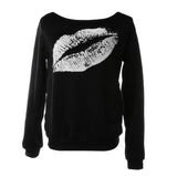 Maxbell Maxbell Women Sweatshirts Off Shoulder Sexy Long-Sleeved Tops L Black White Lips