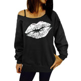 Maxbell Maxbell Women Sweatshirts Off Shoulder Sexy Long-Sleeved Tops L Black White Lips