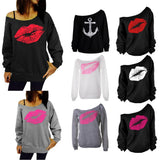 Maxbell Maxbell Women Sweatshirts Off Shoulder Sexy Long-Sleeved Tops L Black White Lips