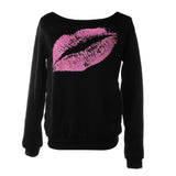 Maxbell Maxbell Women Sweatshirts Off Shoulder Sexy Long-Sleeved Tops L Black Pink Lips