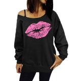 Maxbell Maxbell Women Sweatshirts Off Shoulder Sexy Long-Sleeved Tops L Black Pink Lips