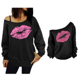 Maxbell Maxbell Women Sweatshirts Off Shoulder Sexy Long-Sleeved Tops L Black Pink Lips