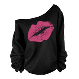 Maxbell Maxbell Women Sweatshirts Off Shoulder Sexy Long-Sleeved Tops L Black Pink Lips