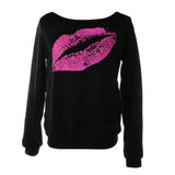 Maxbell Maxbell Women Sweatshirts Off Shoulder Sexy Long-Sleeved Tops L Black Pink Lips