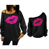 Maxbell Maxbell Women Sweatshirts Off Shoulder Sexy Long-Sleeved Tops L Black Pink Lips