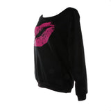 Maxbell Maxbell Women Sweatshirts Off Shoulder Sexy Long-Sleeved Tops L Black Pink Lips