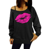 Maxbell Maxbell Women Sweatshirts Off Shoulder Sexy Long-Sleeved Tops L Black Pink Lips