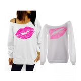Maxbell Women Sweatshirts Off Shoulder Sexy Long-Sleeved Tops S White Pink Lips