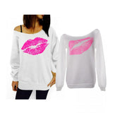 Maxbell Maxbell Women Sweatshirts Off Shoulder Sexy Long-Sleeved Tops S White Pink Lips