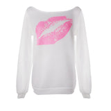 Maxbell Women Sweatshirts Off Shoulder Sexy Long-Sleeved Tops S White Pink Lips