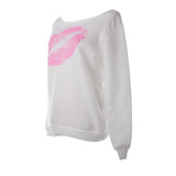 Maxbell Women Sweatshirts Off Shoulder Sexy Long-Sleeved Tops S White Pink Lips