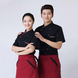 Maxbell 2Pcs Unisex Short Sleeve Chef Jacket Restaurant Cook Uniform 3XL Black+Red