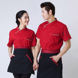 Maxbell 2Pcs Unisex Short Sleeve Chef Jacket Restaurant Cook Uniform 3XL Black+Red