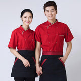 Maxbell 2Pcs Unisex Short Sleeve Chef Jacket Restaurant Cook Uniform 3XL Black+Red