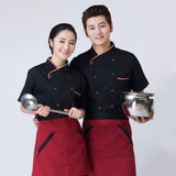 Maxbell 2Pcs Unisex Short Sleeve Chef Jacket Restaurant Cook Uniform 3XL Black+Red