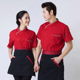 Maxbell 2Pcs Unisex Short Sleeve Chef Jacket Restaurant Cook Uniform 3XL Black+Red