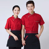 Maxbell 2Pcs Unisex Short Sleeve Chef Jacket Restaurant Cook Uniform 3XL Black+Red